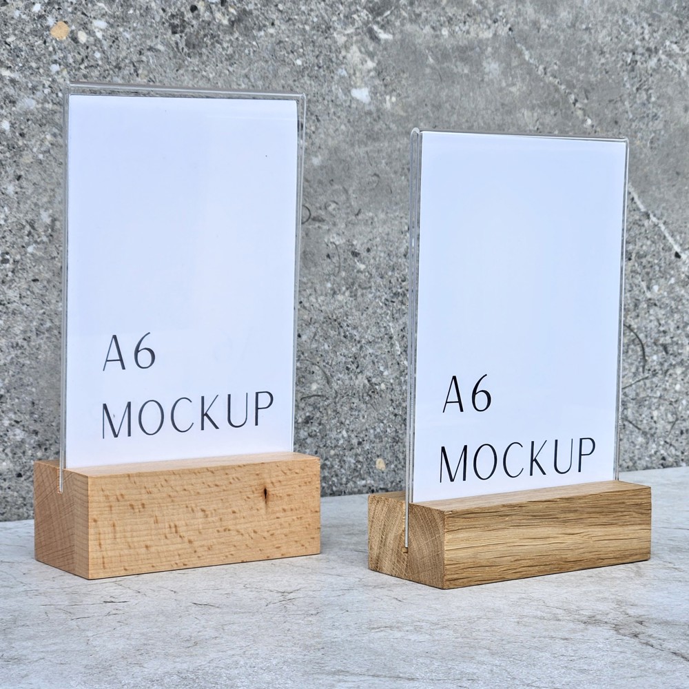 A4/3-Menühalter aus Buche mit Acrylhalter 105×50×40 mm, Nut 3,5×15 mm, Hartwachs